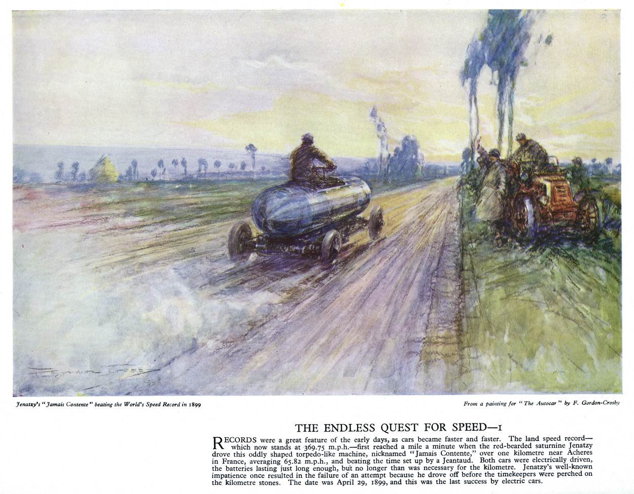  transport;motoring;motor;car;vehicle;frederick;gordon;crosby;speed;autocar;poster;camille;beating;beat;beater;world;record;acheres;france;65;mph;1899;1890s;jenatzy;road;tractor;waving;men;pioneer;jamais;contente;never;content;history;historical 
