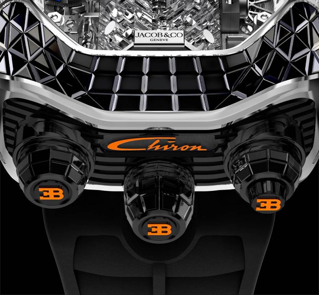  Bugatti Chiron Tourbillon;Jacob & Co;Bugatti Chiron;watch;one-off;inique;engine;pistons;turbichargers;daimonds;sapphires 