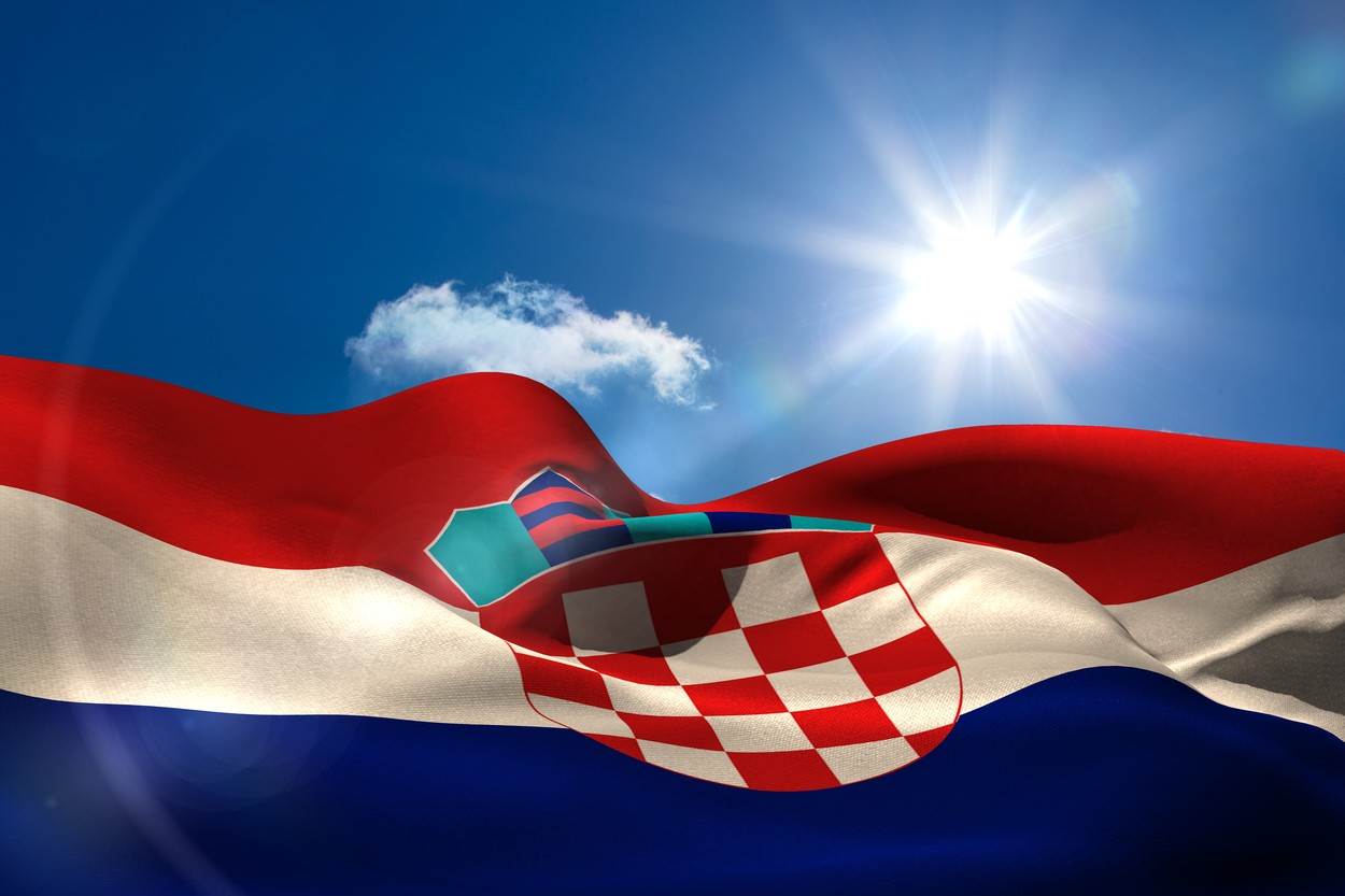  Digital;Digitally Generated;Computer Graphic;National Flag;Identity;Flag;Banner;Patriotism;Blue Sky;Sunshine;Cloud;Sun;Croatia;Croatian Flag;Copy Space 